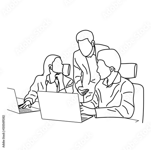 Vector business meeting discussion between the worker. Business training and presentation concept of line art design. continuous line drawing of office workers at a business meeting
