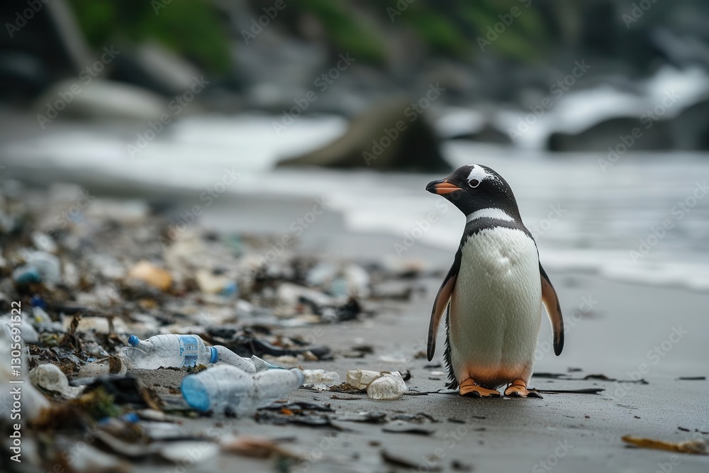 Fototapeta premium Environmental Crisis Scene with Arctic Penguin Surrounded by Plastic Waste on Polluted Beach