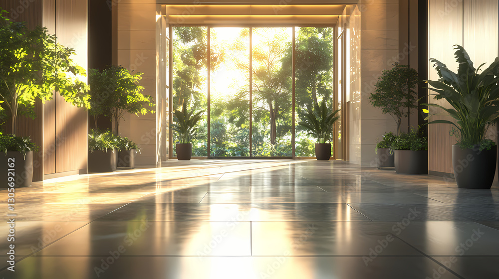 Fototapeta premium Blurred office lobby entrance building background, defocus luxury clinic hospital corridor, modern hotel reception hall interior ai generated. Enchanted - Forest. Illustration
