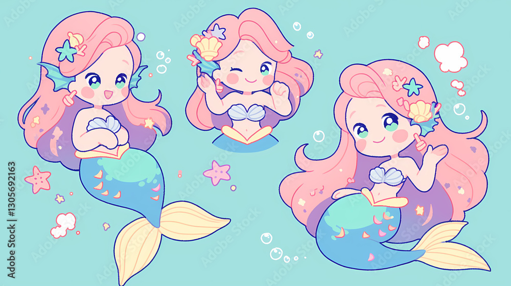 Cute cartoon mermaid characters with colorful hair and playful expressions on a light blue background Cute cartoon mermaid characters with colorful hair and playful expressions on a light blue background