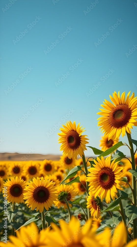Fototapeta premium Vibrant Sunflower Field, Clear Blue Sky, Vertical. Generative AI.