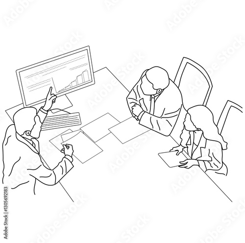 Vector business meeting discussion between the worker. Business training and presentation concept of line art design. continuous line drawing of office workers at a business meeting
