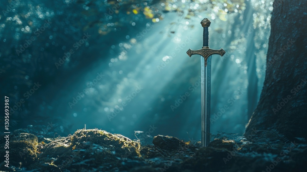 Naklejka premium Mystical sword in sunlit forest.