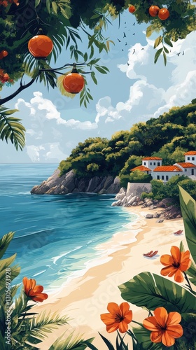 Vibrant Tropical Beach Scene with Rocky Cliffs, Azure Waters, Lush Greenery, Orange Fruits, and Seaside Houses under a Clear Blue Sky