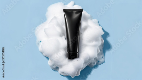 Black tube of facial cleanser atop a fluffy foam against a soft blue background