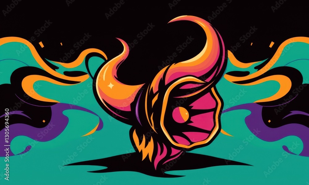 Vibrant Abstract Illustration Featuring a Bold Horned Creature in Dynamic Colors Against a Surreal Backdrop with Flowing Shapes and Contrasting Patterns Vibrant Abstract Illustration Featuring a Bold Horned Creature in Dynamic Colors Against a Surreal Backdrop with Flowing Shapes and Contrasting Patterns