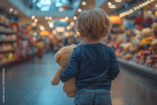 A child standing in front of a toy store, holding a stuffed animal, feeling abandoned in a mall.

