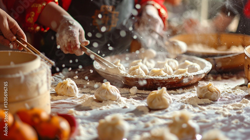 People Preparing Traditional Chinese New Year Dumplings photo