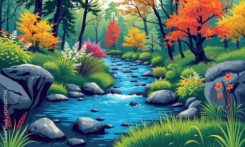 Serene Forest Stream Surrounded by Lush Vegetation and Vibrant Foliage Displaying the Beauty of Autumn in Tranquil Waterscape Setting
