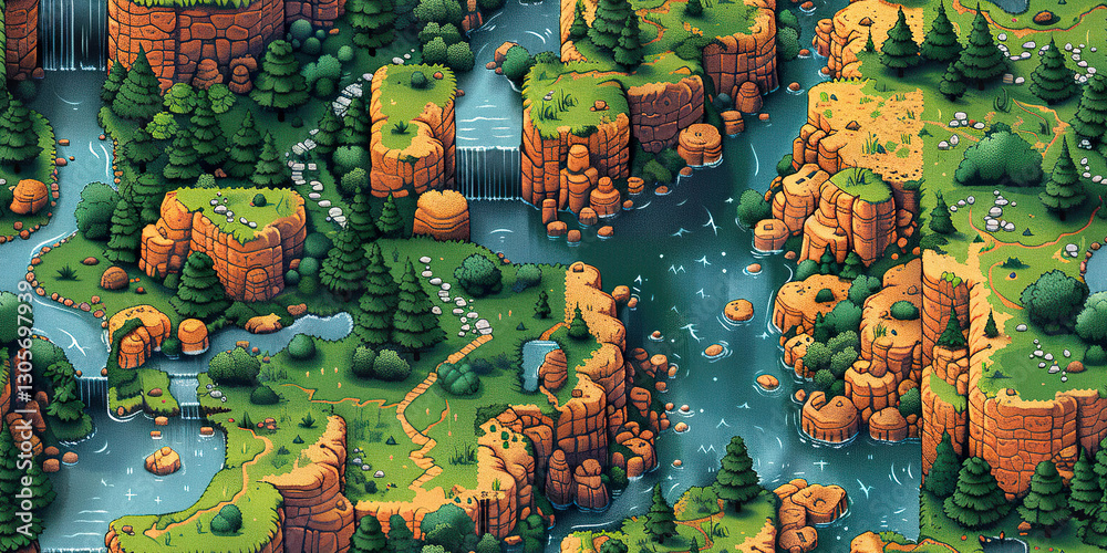 Fototapeta premium River with waterfalls and cliffs in a pixel art landscape of adventure and fantasy. Generated with AI.