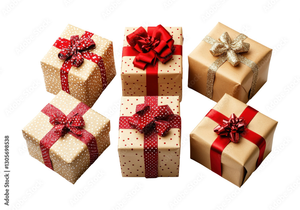 Overhead view of festive gift boxes. Isolated on transparent background, png. Overhead view of festive gift boxes. Isolated on transparent background, png.