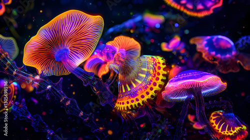 Vibrant neon-colored fictional mushroom against a black background, fungi, neon, colorful, psychedelic, fantasy, glowing, vibrant. Luminescent - Ocean. Illustration