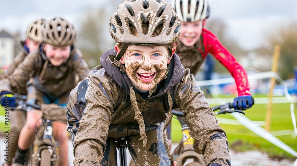 Fototapeta premium Three young riders display their adventurous spirits as they bike through muddy trails, enjoying a thrilling outdoor experience