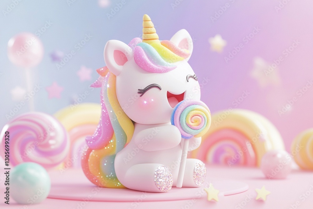 Fototapeta premium Cute unicorn character enjoying a colorful lollipop in a dreamy pastel landscape