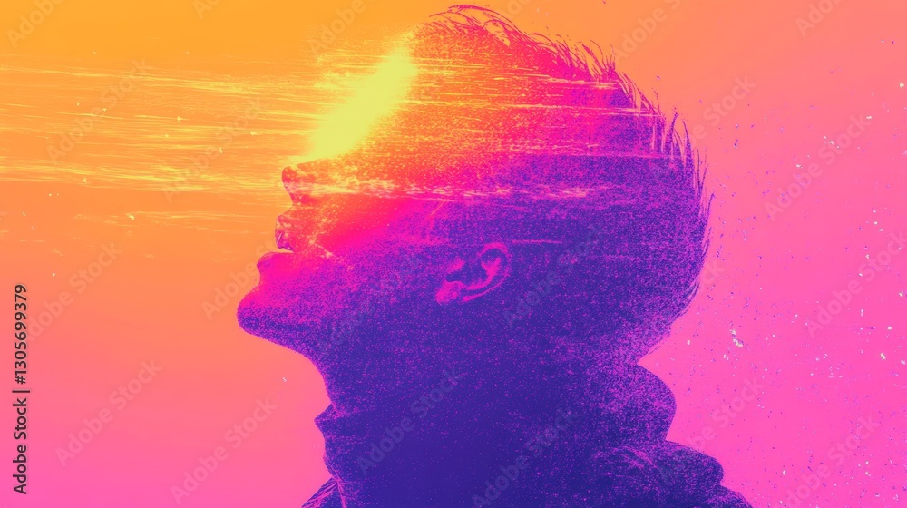 Young man's head and shoulders, bathed in vibrant pink and orange hues, evokes a dreamy, surreal atmosphere. Young man's head and shoulders, bathed in vibrant pink and orange hues, evokes a dreamy, surreal atmosphere.