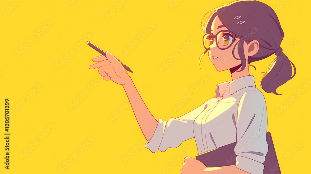 Young woman with glasses pointing while holding a clipboard, set against a bright yellow background Young woman with glasses pointing while holding a clipboard, set against a bright yellow background