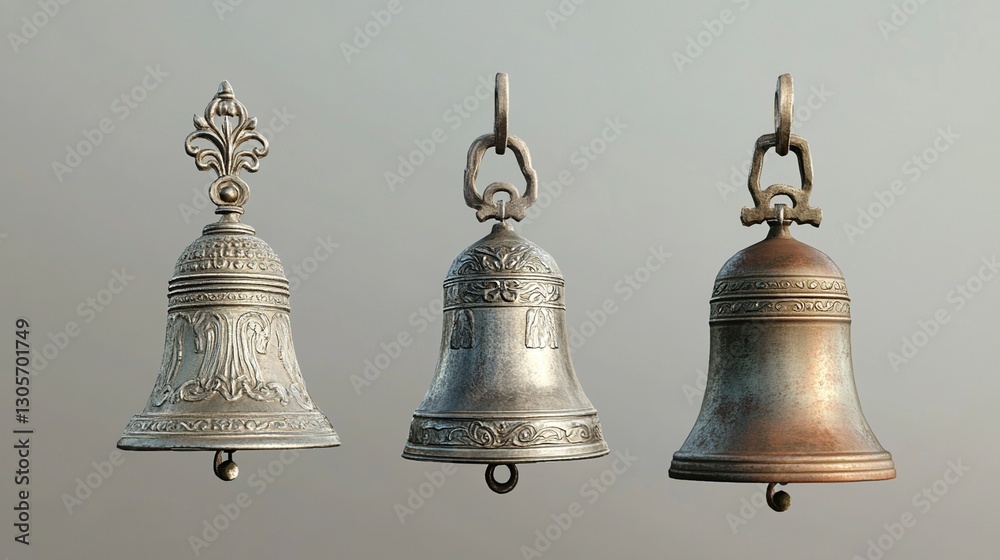 Three antique silver bells with ornate designs, varying in patina and detail. Three antique silver bells with ornate designs, varying in patina and detail.