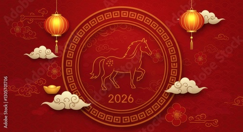 2026 lunar year celebration: year of the horse with lanterns and clouds on red background