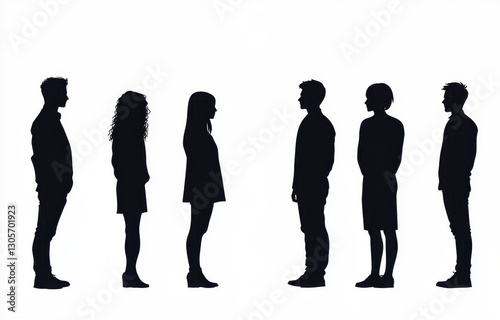Vector silhouettes of men and a women, a group of standing and walking business people, black color isolated on white background 
