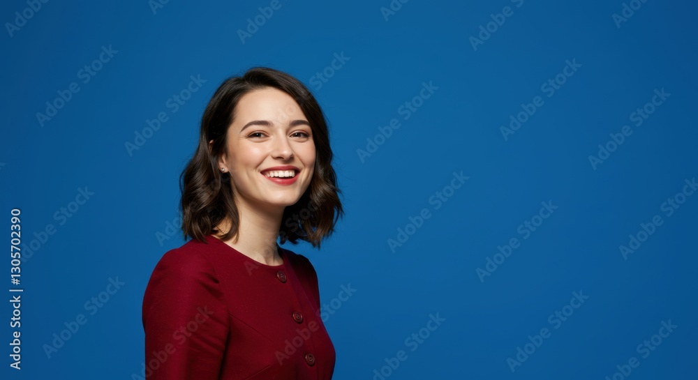 Smiling woman in red blouse against vibrant blue background Smiling woman in red blouse against vibrant blue background