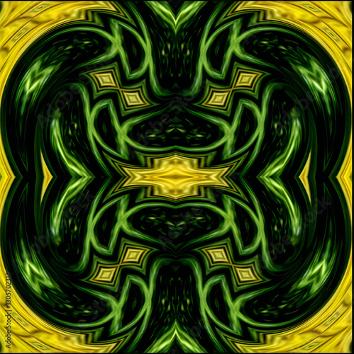 Original ornament in boho style, natural colors ,geometric background,  green and yellow, abstract background with golden ornament 