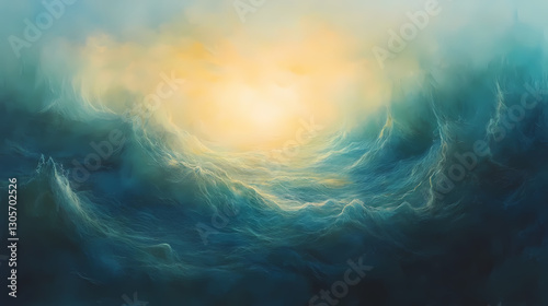 Ethereal mist envelops a serene landscape with gentle luminescent tendrils, luminous, ambiance, glow. Luminescent - Ocean. Illustration