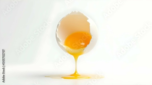 A cracked egg stands upright, its yolk dripping onto a white surface, creating a surreal and minimalist composition