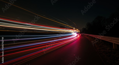 Dynamic nighttime light trails on a curving road illuminating the dark landscape