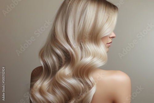 Portrait of a blonde woman with curly hair. Open part of the face. Back view