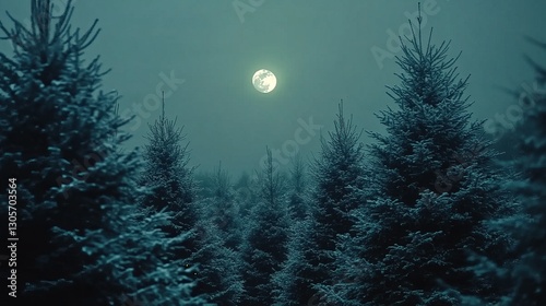 Christmas tree forest at night with moonlight filtering through, cool silvery tones, and soft glowing lights, peaceful magical mood, eye-level shot.