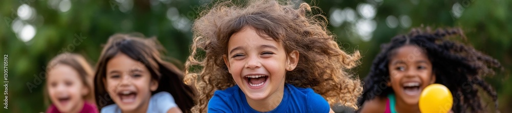 Happy group of children laughing and playing together outdoors in a park on a bright sunny day. Generative AI Happy group of children laughing and playing together outdoors in a park on a bright sunny day. Generative AI