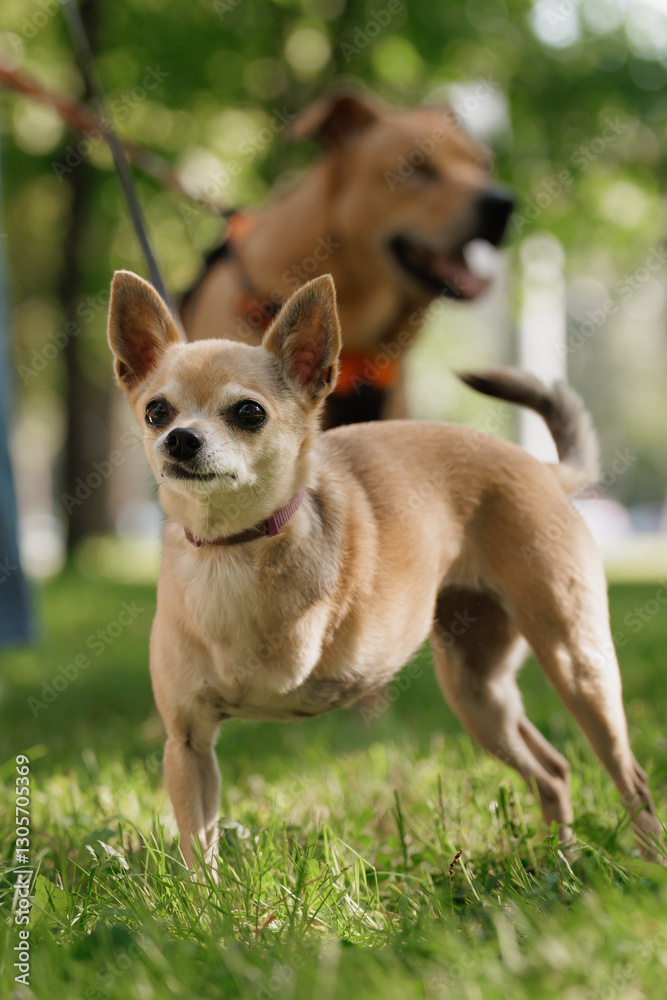 small dog with disability stands on green lawn, a pet without front paw. amputation of limbs small dog with disability stands on green lawn, a pet without front paw. amputation of limbs