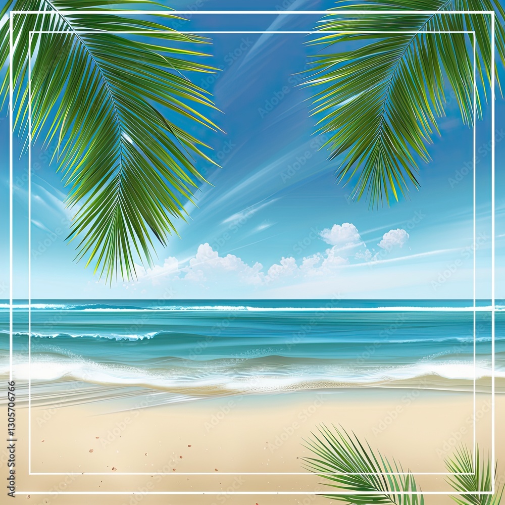 Fototapeta premium A scenic palm-lined beach with a tropical sea view, framed for an appealing summer vacation and travel advertisement. Copy area available