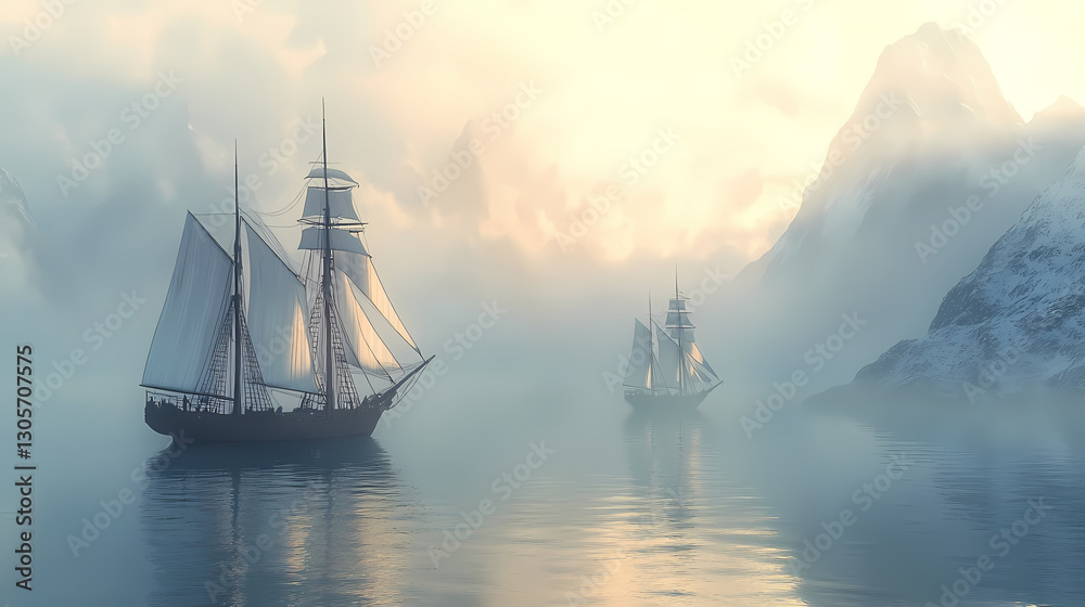 Fototapeta premium Three majestic sailing ships navigate a tranquil ocean, their white sails billowing gently in the serene morning mist. Majestic - Mountain. Illustration