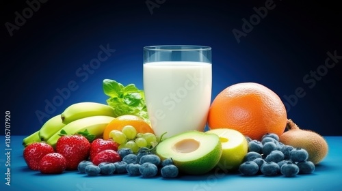 A glass of milk is placed among fresh fruits and vegetables. photo