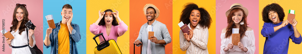 A joyful group of seven travelers holds their passports and engages with the camera. Each person expresses excitement and anticipation for their upcoming adventures, surrounded by vibrant colors. A joyful group of seven travelers holds their passports and engages with the camera. Each person expresses excitement and anticipation for their upcoming adventures, surrounded by vibrant colors.