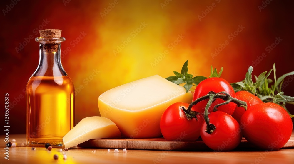 Fresh tomatoes, cheese, and olive oil arranged on a rustic table. Fresh tomatoes, cheese, and olive oil arranged on a rustic table.