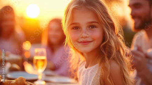 A young girl enjoys a meal with food and wine at a table.