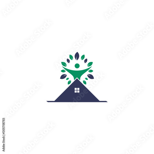 Human character with leaves and house logo design. Natural home care logo.