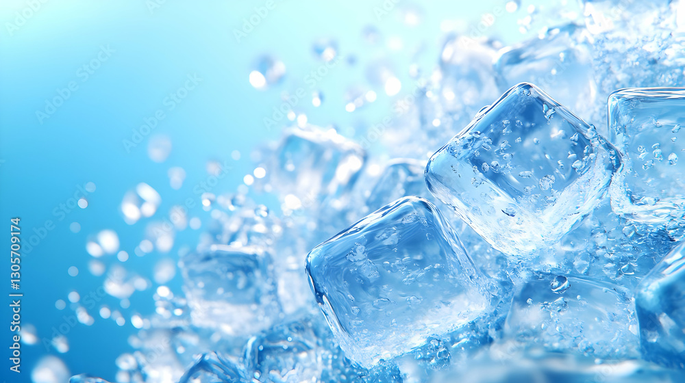 Ice cubes splash, blue background, cool drink Ice cubes splash, blue background, cool drink