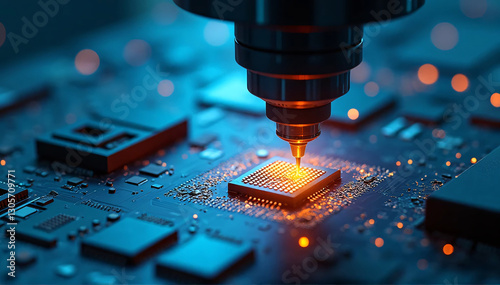 A photo of the creation of semiconductors using precise equipment and microchips, signifying the development of electronics and advanced technology.
