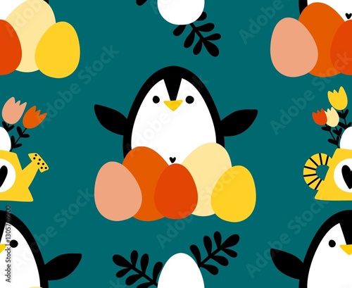 Easter animals seamless penguin and eggs pattern for wrapping paper and fabrics and linens and spring kitchen textiles