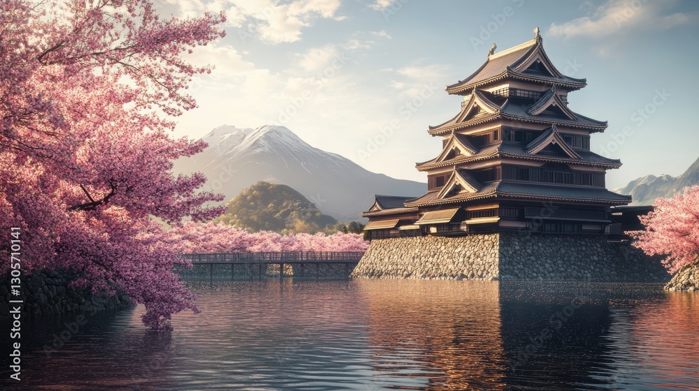Obraz premium Beautiful cherry blossom flower and vintage building in Spring.