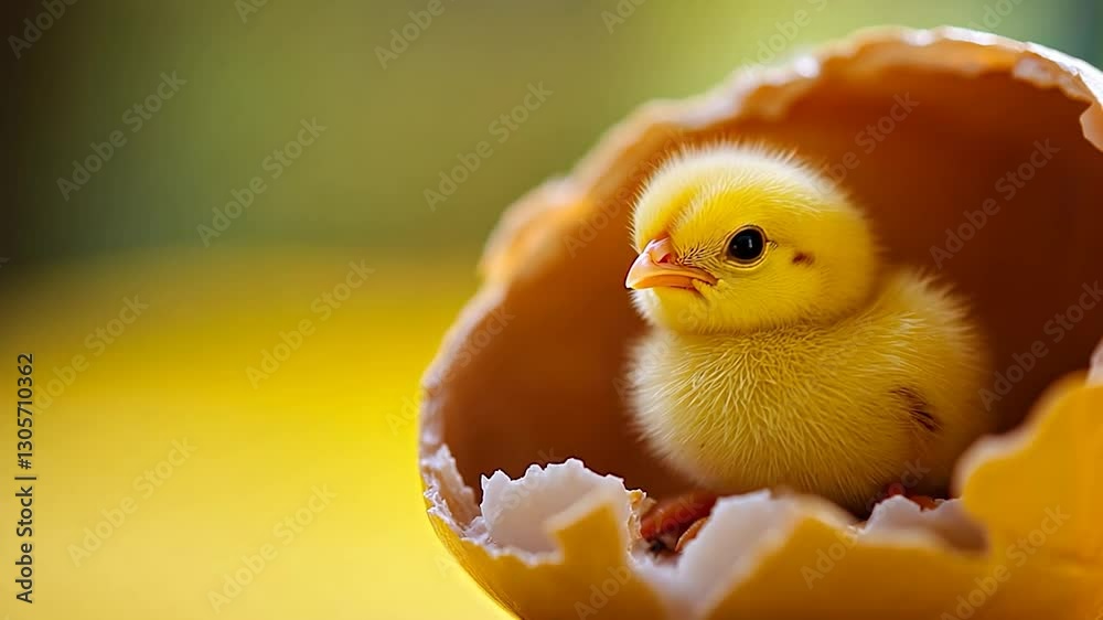 Tiny chick in cracked egg shell