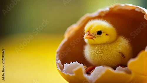 Tiny chick in cracked egg shell