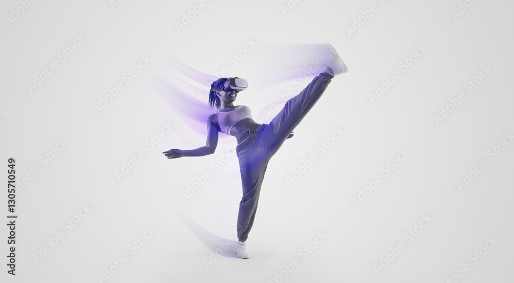 Fototapeta premium Fit African American woman exercising in the metaverse, throwing a kick mid air while wearing virtual reality goggles, pink neon background. Lady exploring virtual reality video games