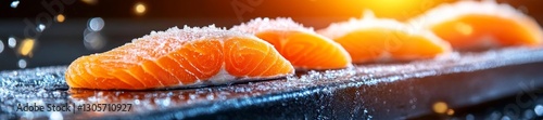 Close-up of fresh salmon fillets with a touch of salt ready for cooking or serving. Generative AI photo