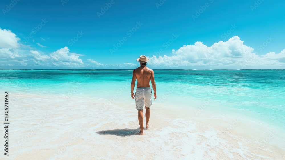 A man strolls along the beach wearing a hat under the sun. A man strolls along the beach wearing a hat under the sun.