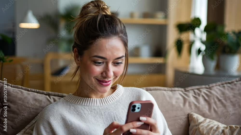 young woman smiling while using smartphone indoors enjoying a relaxed and happy moment young woman smiling while using smartphone indoors enjoying a relaxed and happy moment