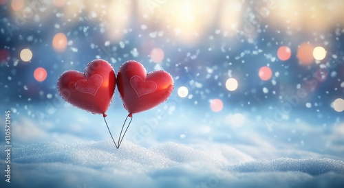 Romantic red heart balloons in snow, festive, winter background